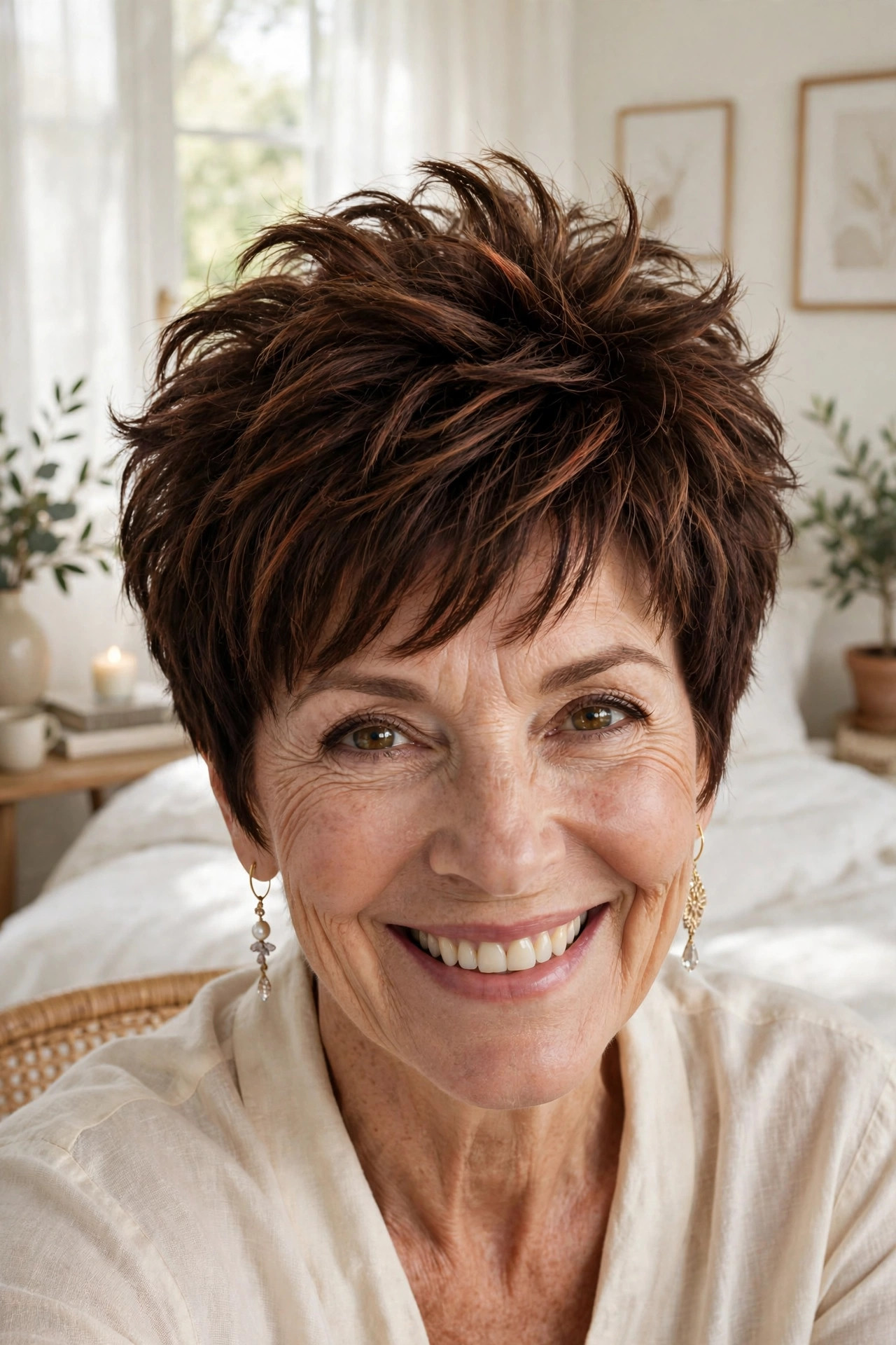Voluminous textured pixie with lifted crown in chocolate brown, one of the fullest short pixie haircuts for older women