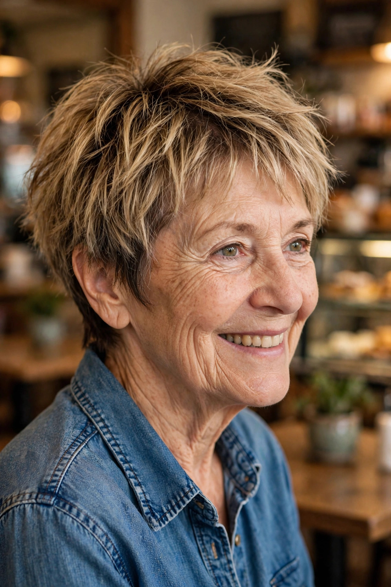Soft choppy layered pixie in sandy blonde with tousled texture, a relaxed short pixie haircut for older women