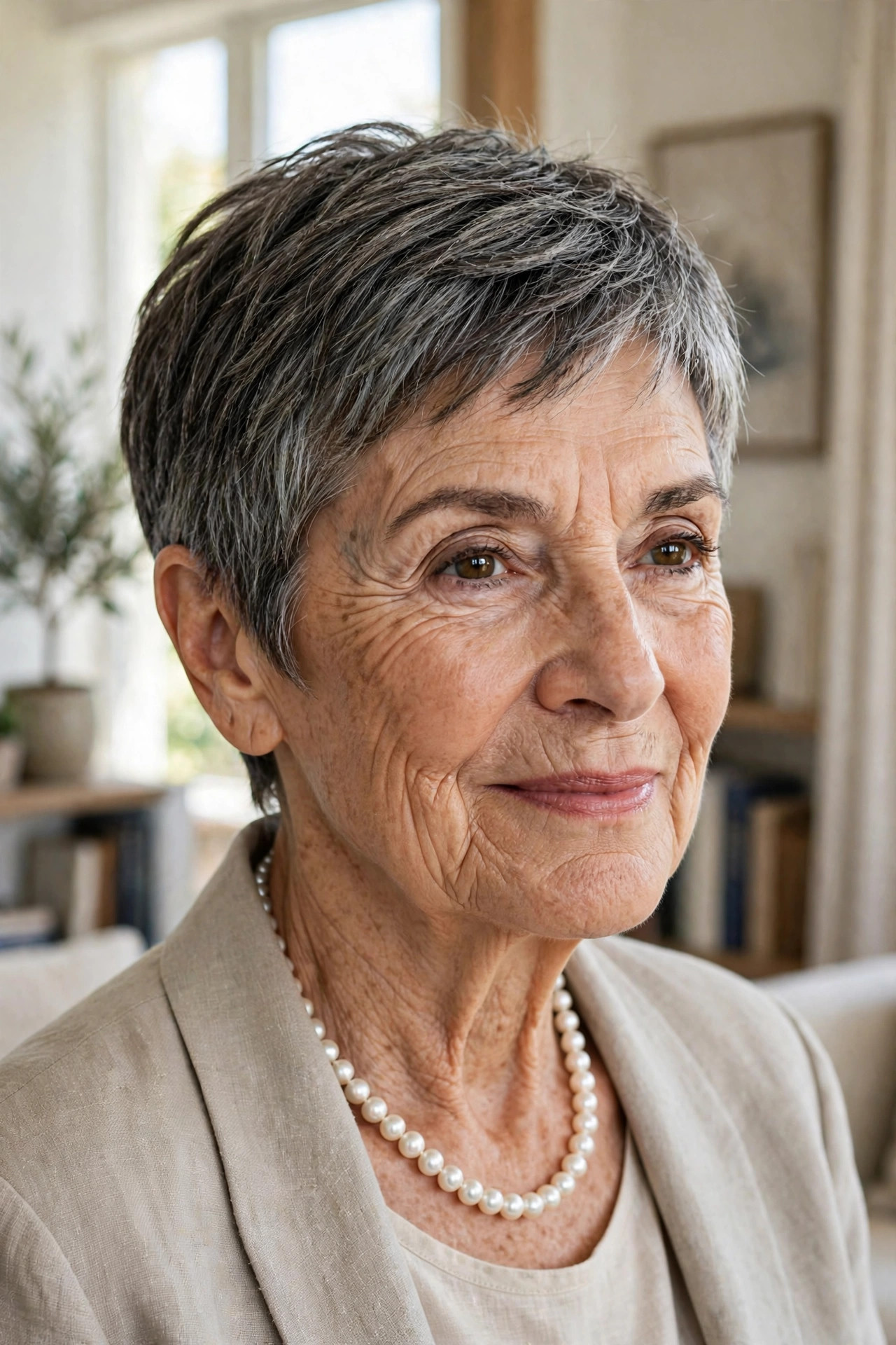 Salt-and-pepper pixie blending charcoal and silver strands naturally, an authentic short pixie haircut for older women