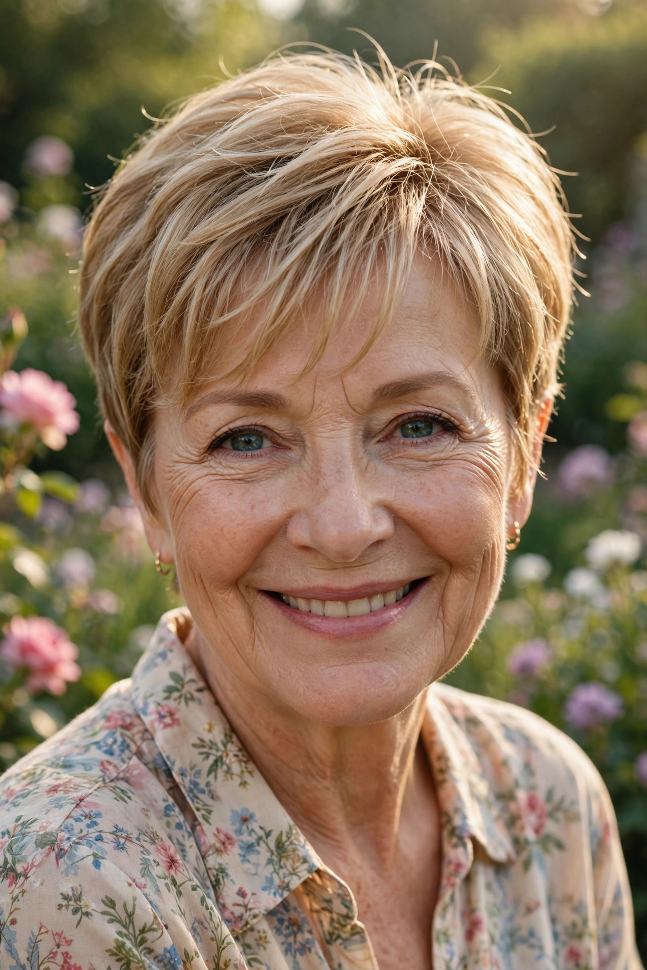 Pixie with wispy honey-blonde bangs, one of the prettiest short pixie haircuts for older women