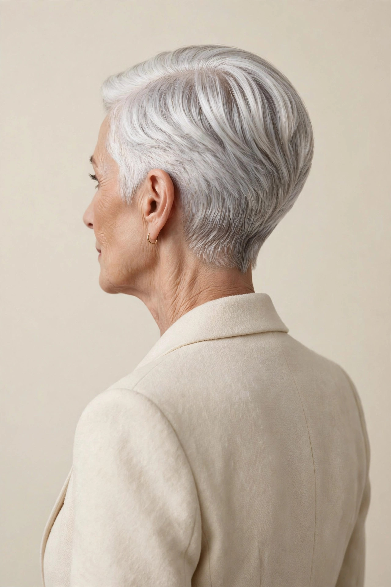 Sculpted nape pixie in silver white with polished finish, a refined short pixie haircut for older women