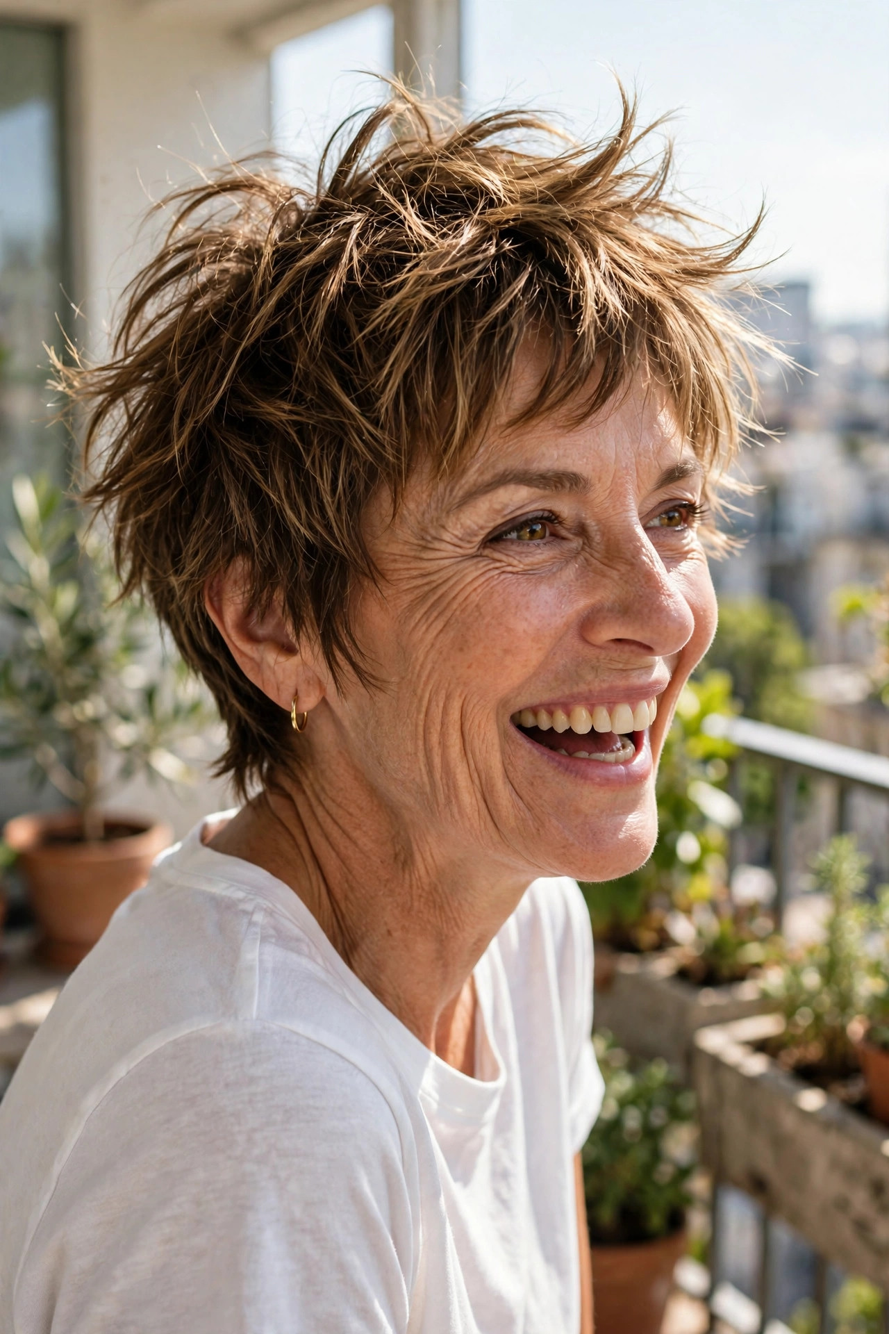 Tousled bedhead pixie in sun-kissed brown, one of the most carefree short pixie haircuts for older women