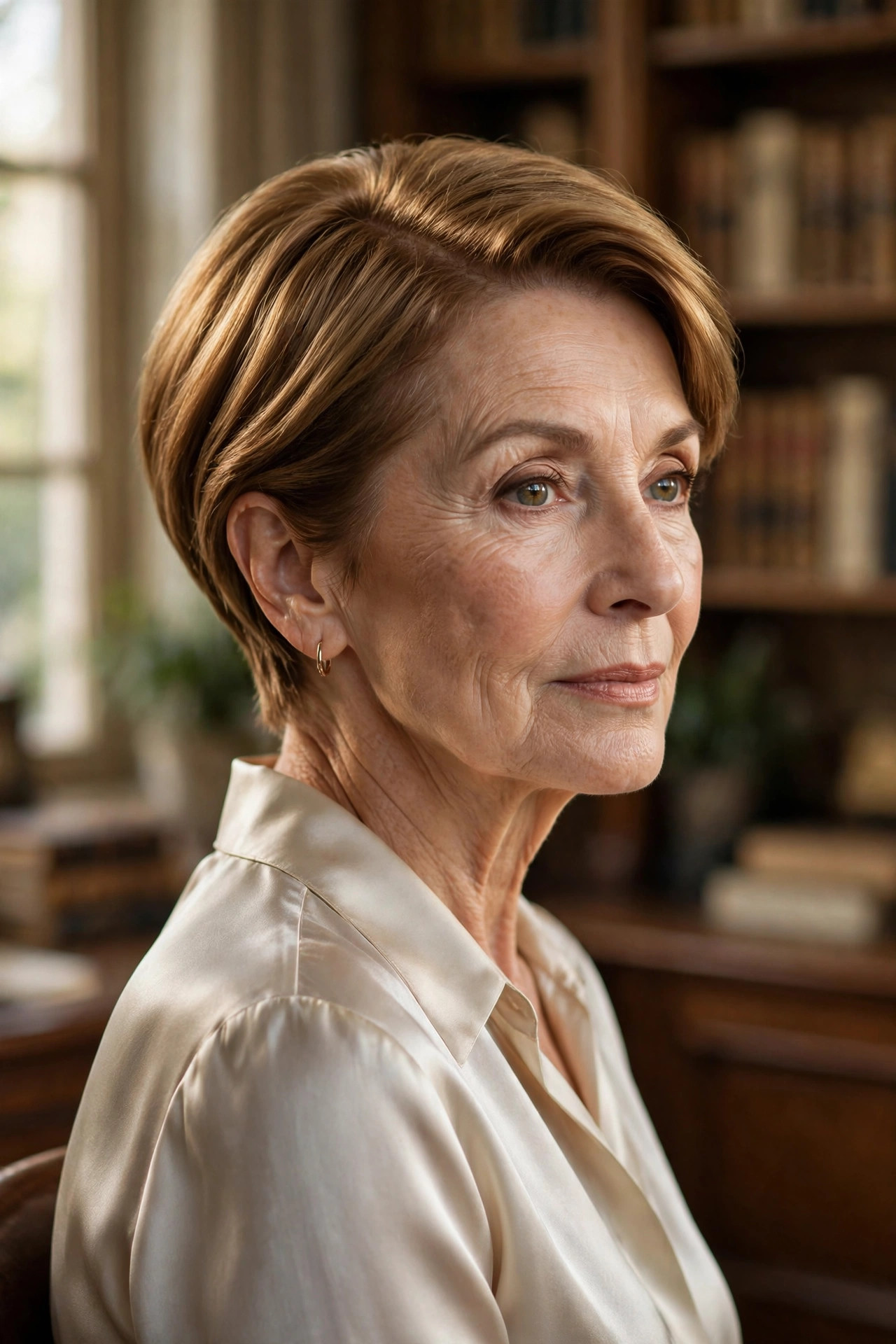 Elegant side-part pixie in golden brown with sleek top, a polished short pixie haircut for older women