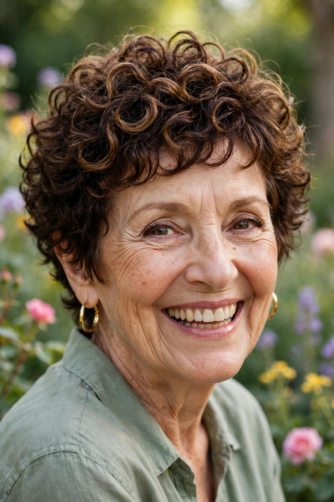 Curly pixie with defined natural curls in dark brown, a joyful short pixie haircut for older women