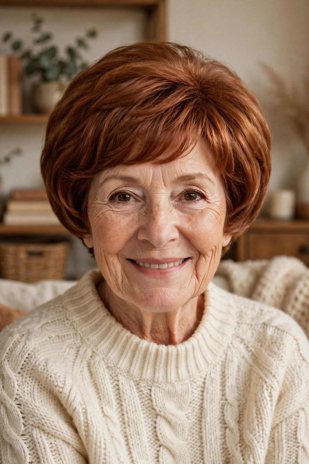 Rounded bubble pixie in warm auburn with spherical shape, a soft short pixie haircut for older women