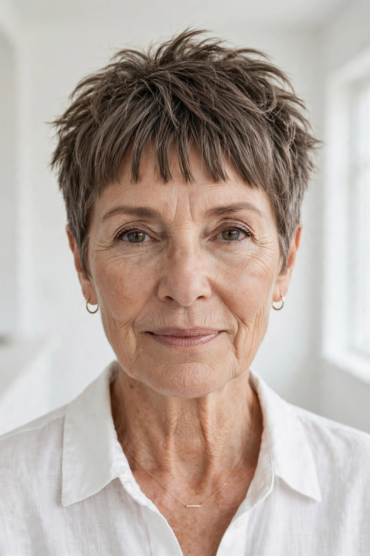 Piecey fringe crop in cool taupe brown, one of the most modern short pixie haircuts for older women