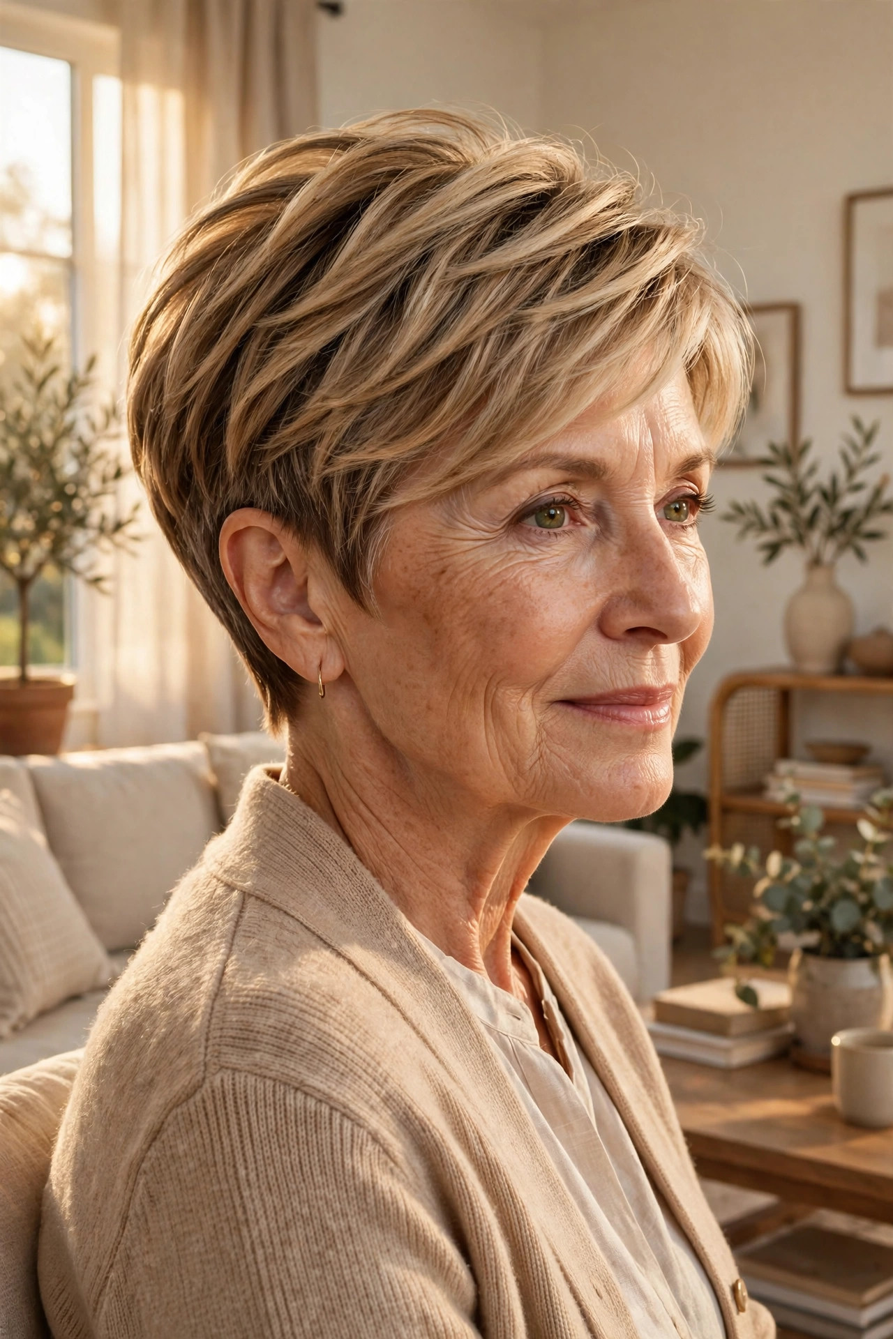 Longer top pixie in honey blonde with sweepable crown length, a versatile short pixie haircut for older women