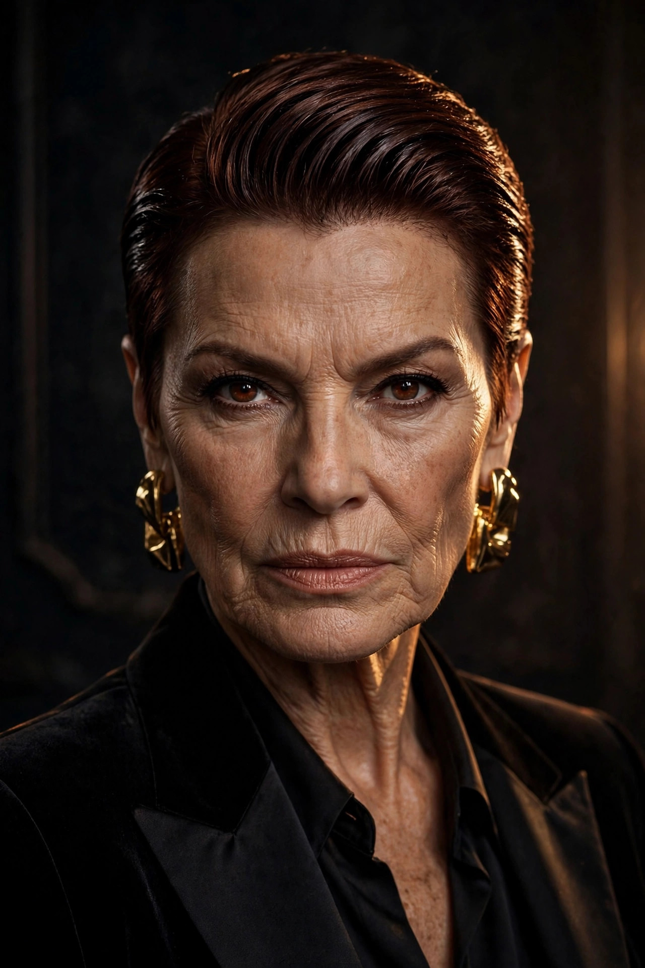 Sleek slicked-back pixie in deep mahogany, one of the most glamorous short pixie haircuts for older women