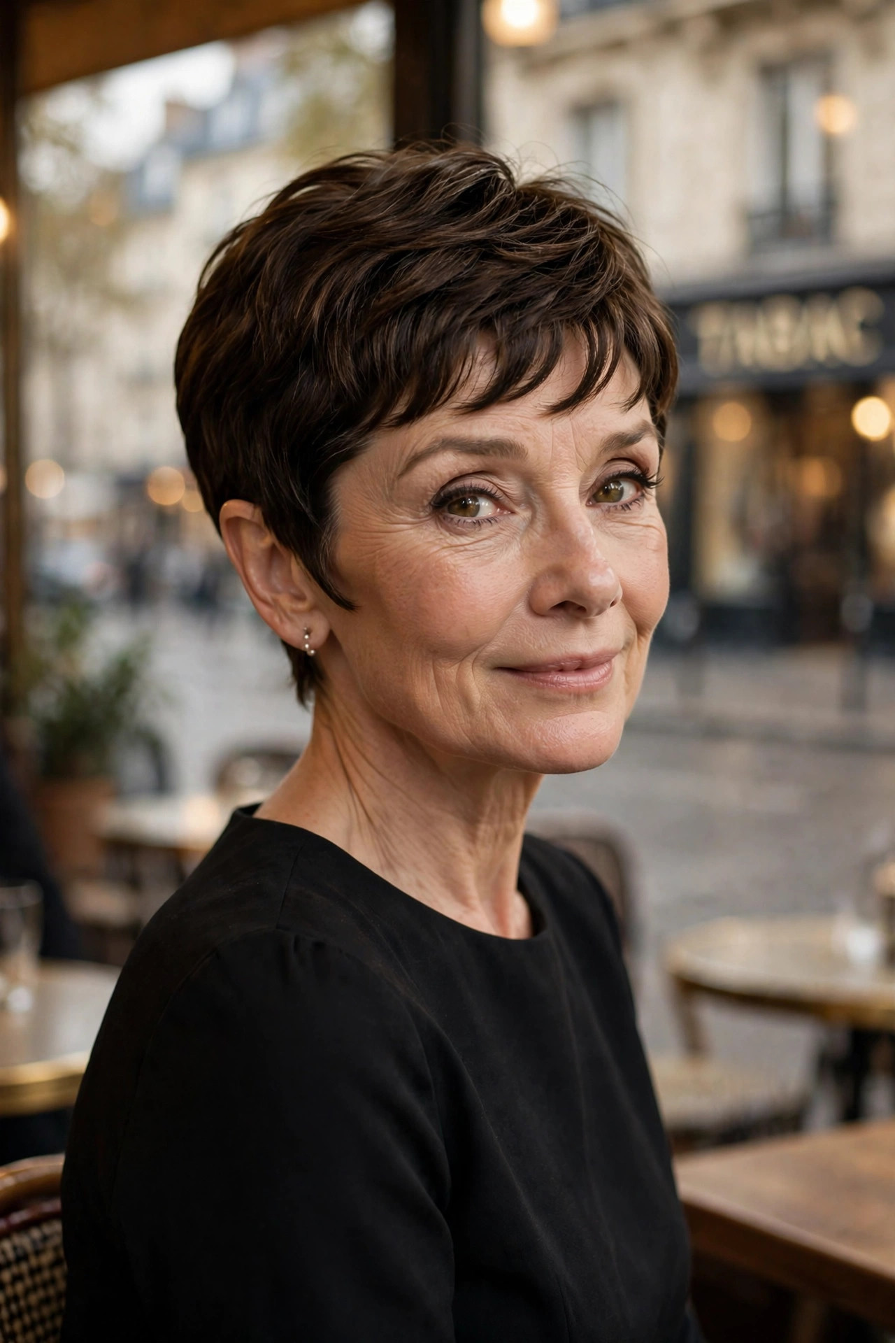 Gamine French pixie in dark brown with soft fringe, a chic short pixie haircut for older women