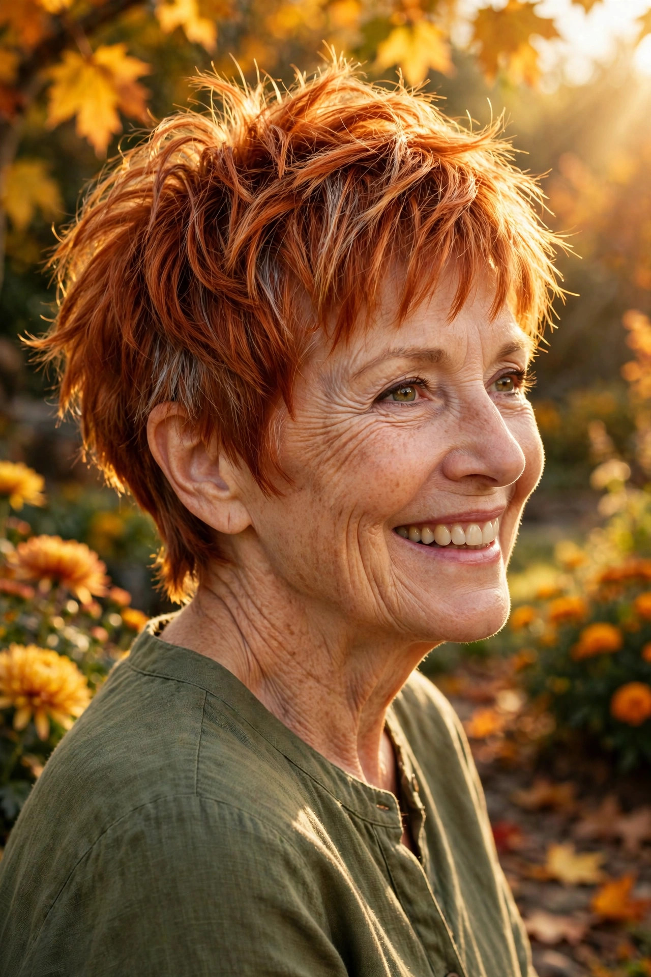 Warm copper pixie with golden undertones and choppy layers, a radiant short pixie haircut for older women
