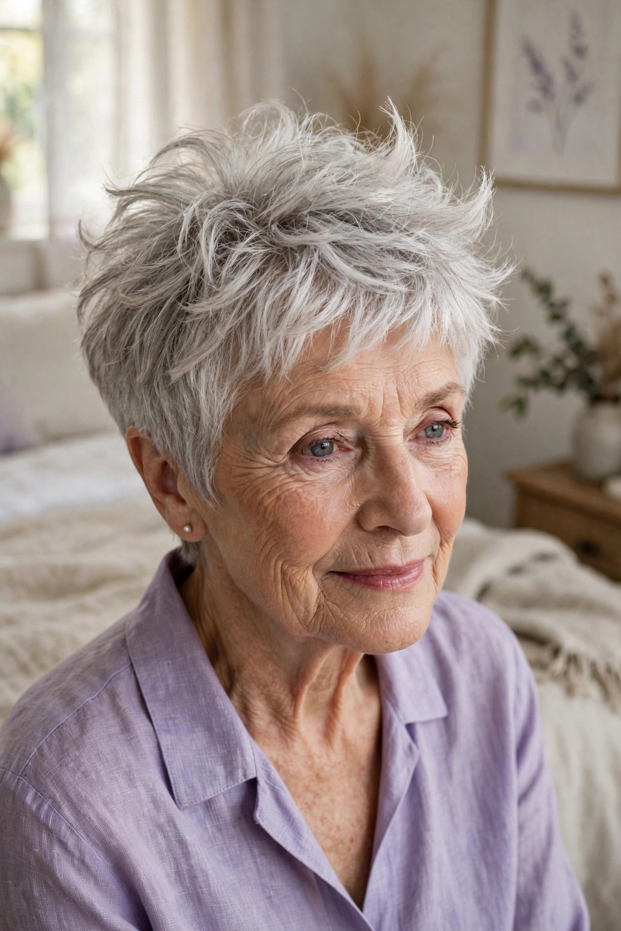 Feathered crown pixie in pearl gray with airy layers, an elegant short pixie haircut for older women