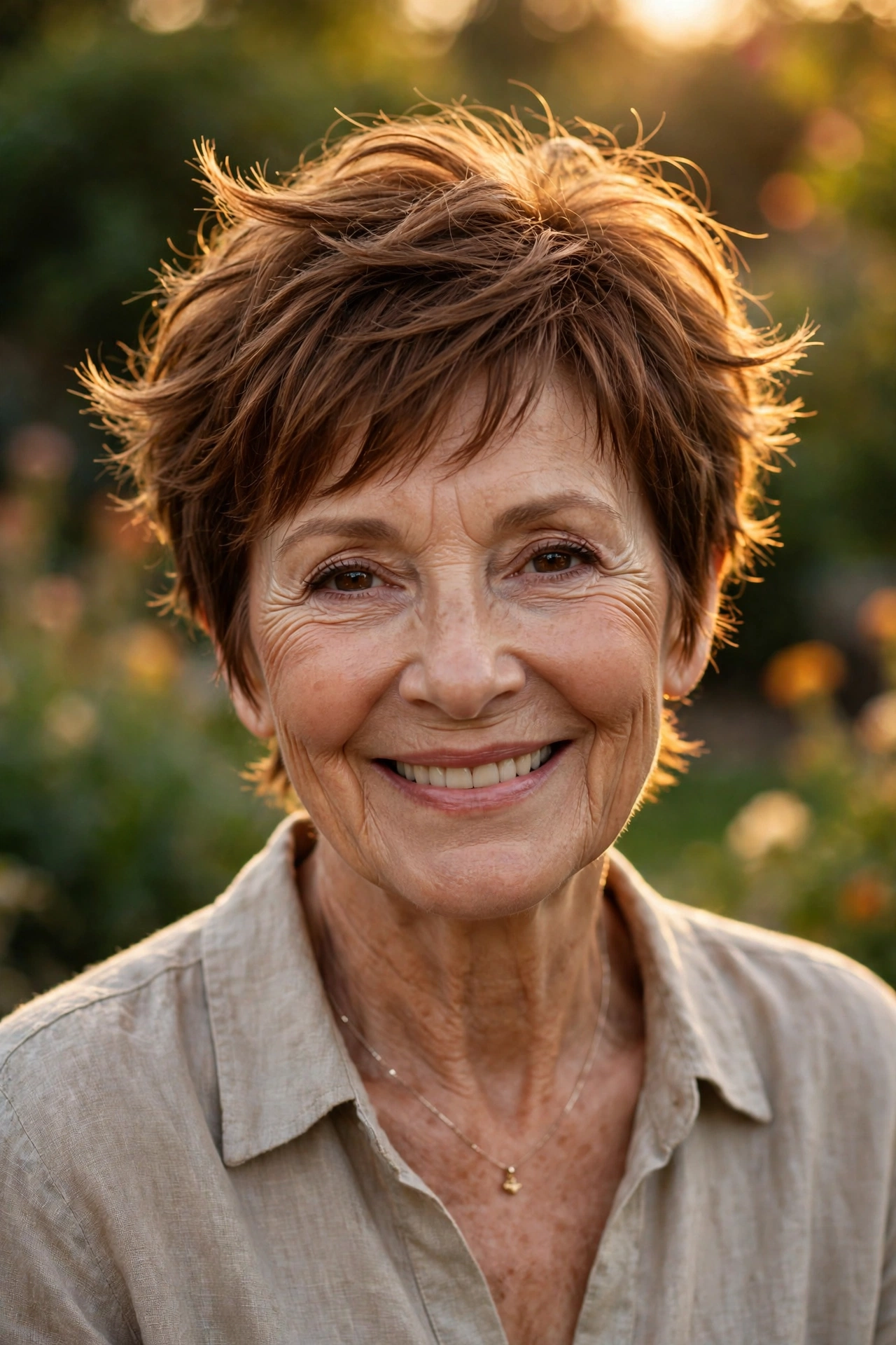 textured feathered short pixie haircuts for women over 50 in chestnut brown