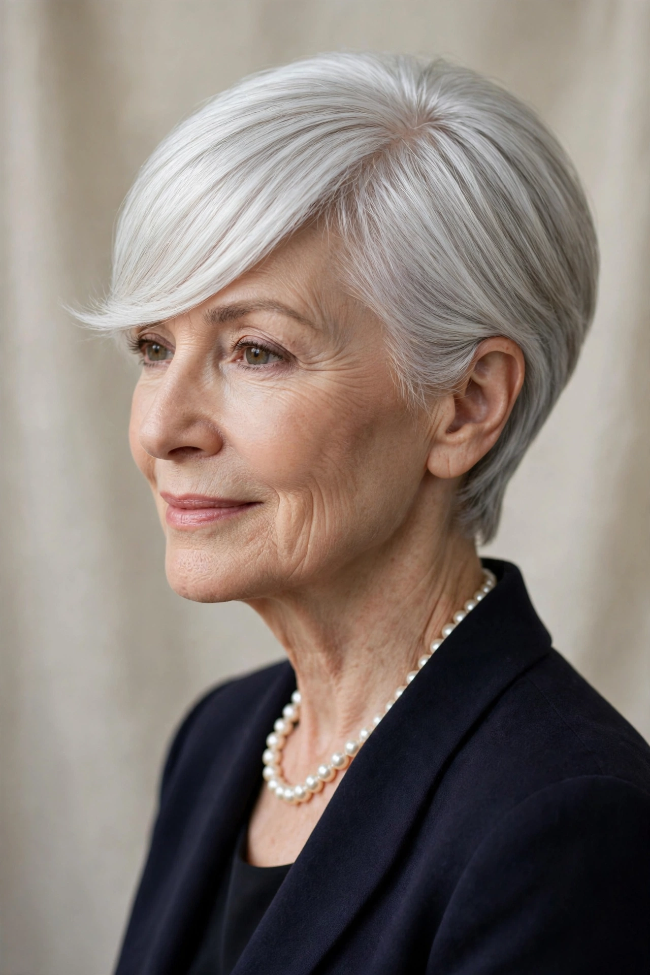 side swept short pixie haircuts for women over 50 with long fringe