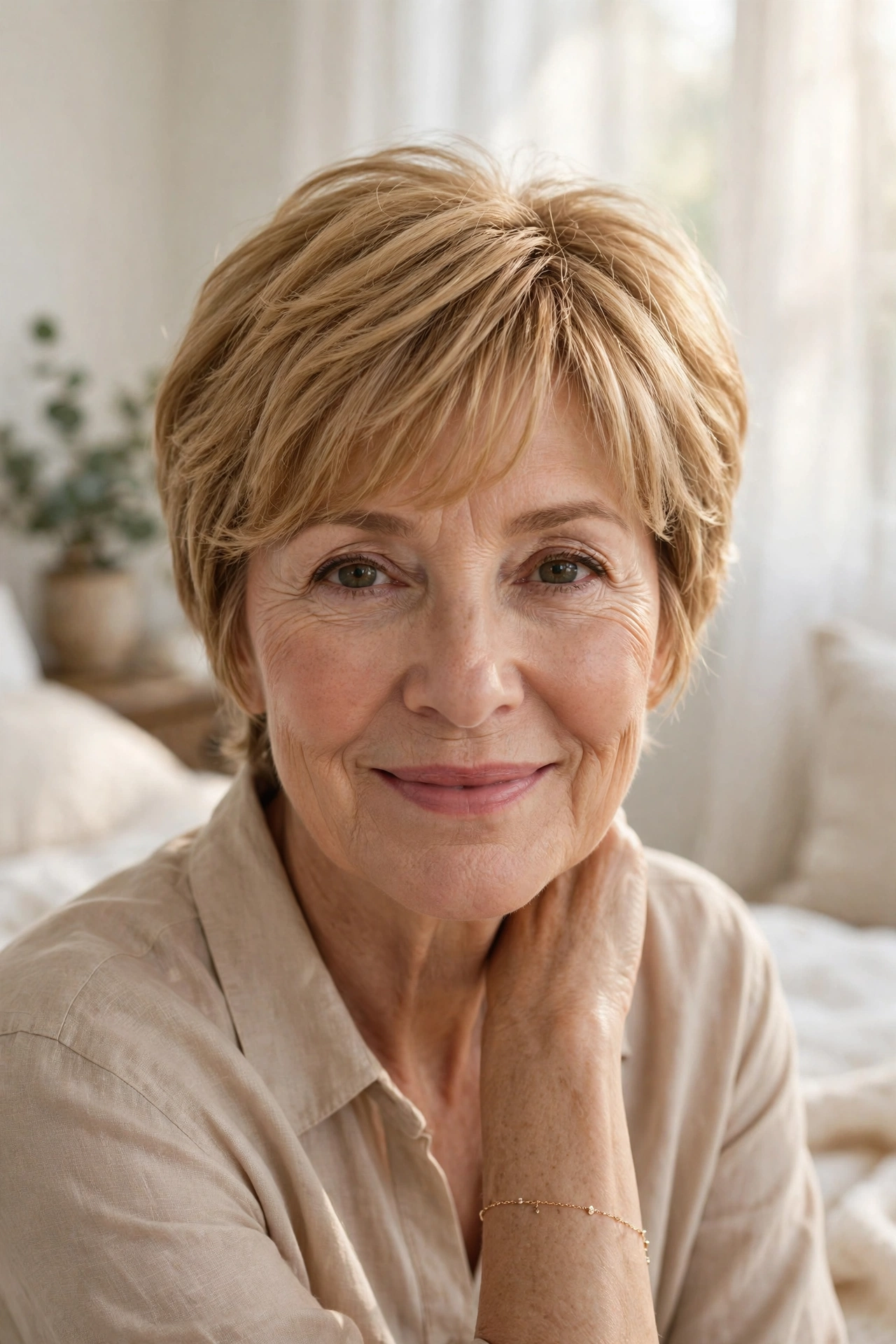 soft layered fringe short pixie haircuts for women over 50 in honey blonde