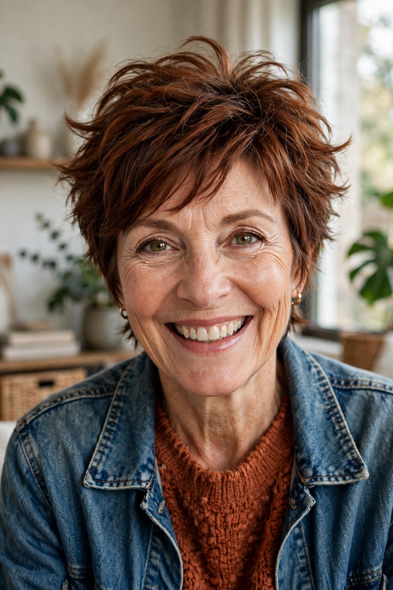 voluminous tousled pixie with piecey auburn layers for mature women
