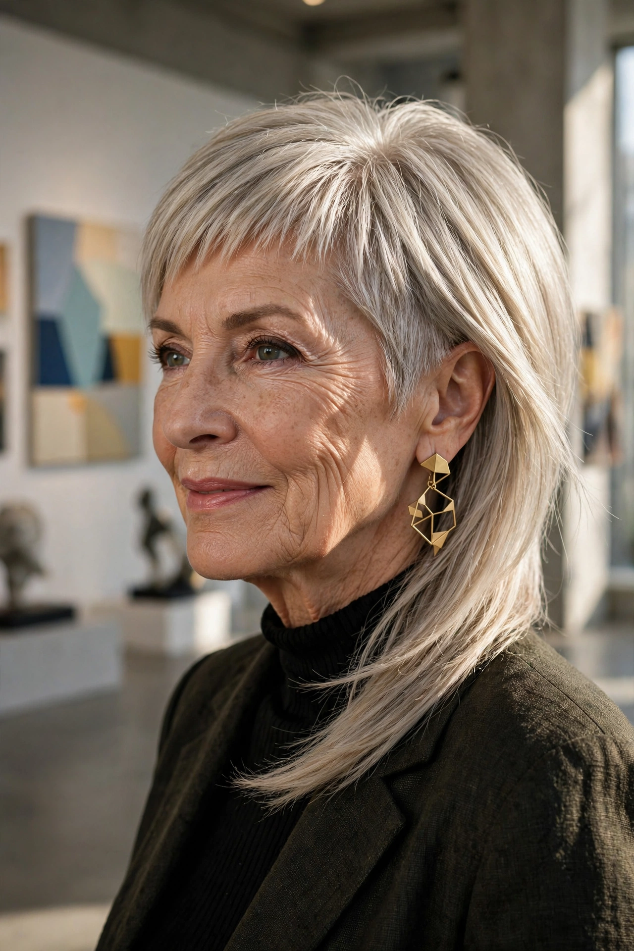 asymmetrical long pixie with cool ash blonde tones for women over 50