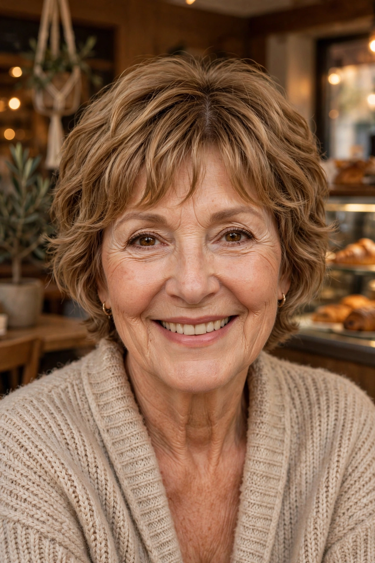 pixie with curtain bangs in golden brown for women over 50