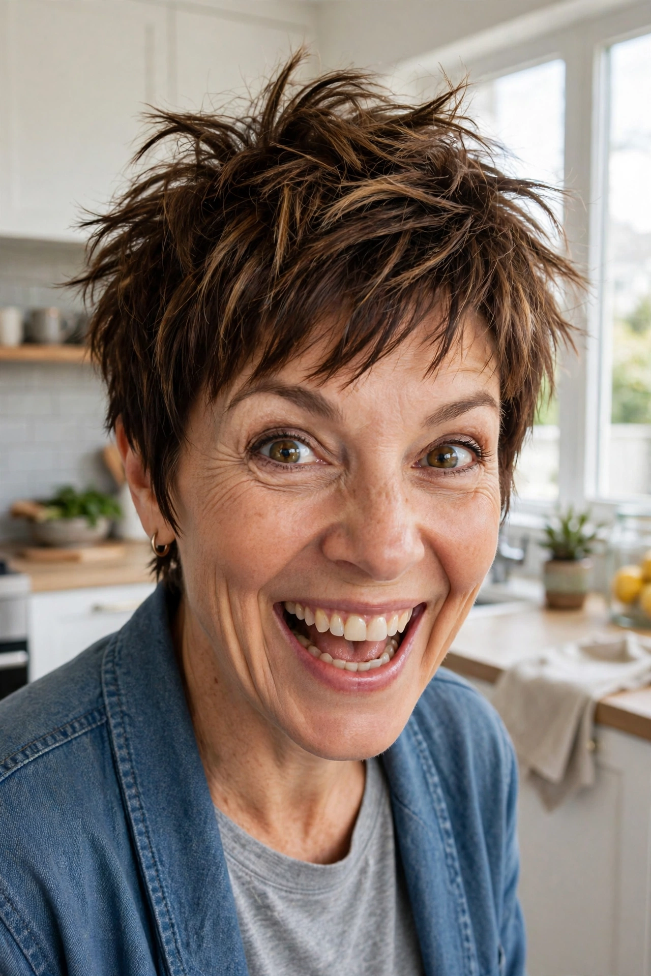 choppy piecey pixie with caramel highlights for mature women over 50