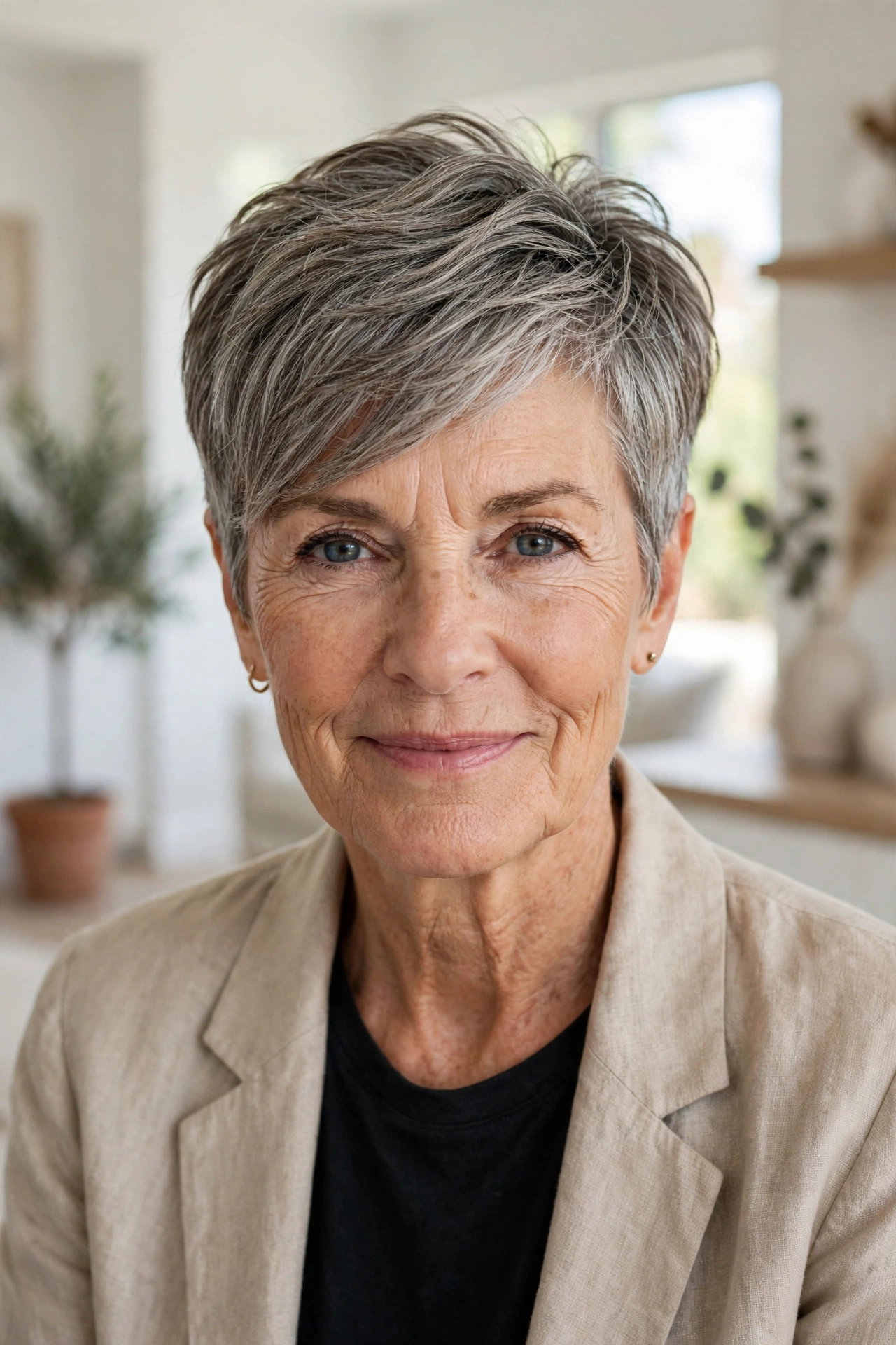long top pixie with salt and pepper blend for women over 50