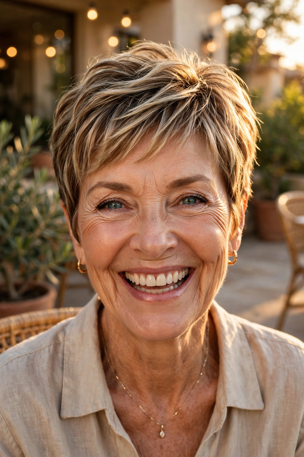 balayage pixie with sun-kissed blonde highlights for women over 50
