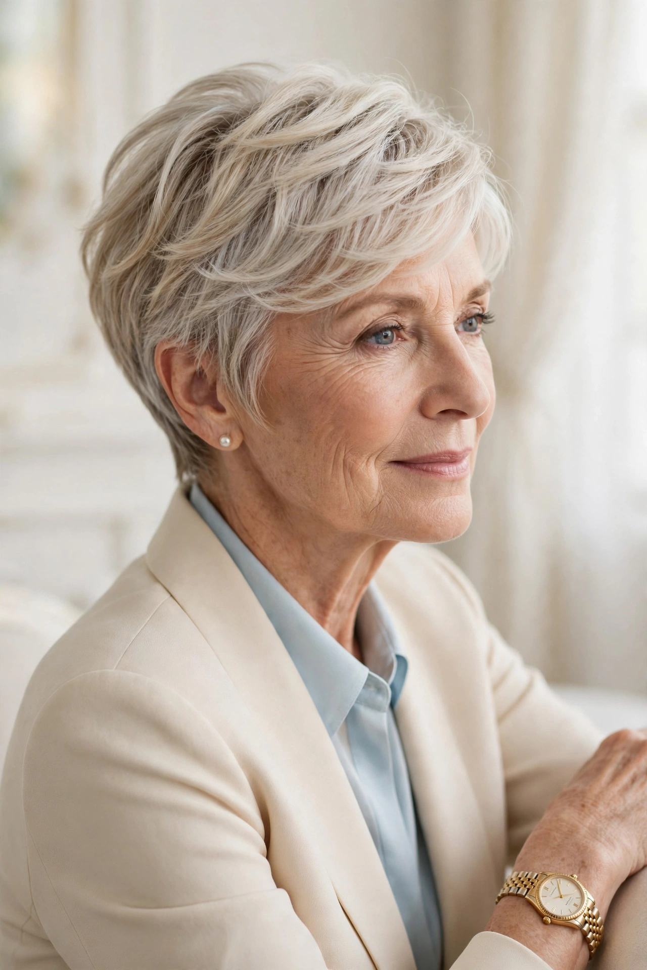 feathered side part pixie in silver blonde for elegant women over 50