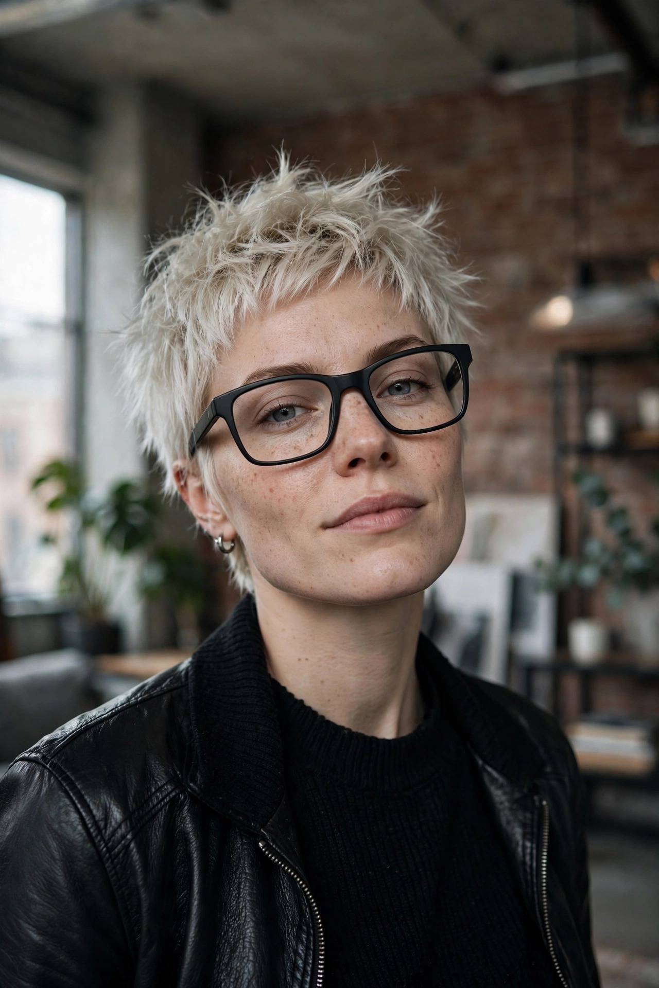 Tousled platinum pixie crop with black rectangular glasses — short pixie haircuts for women with glasses inspiration