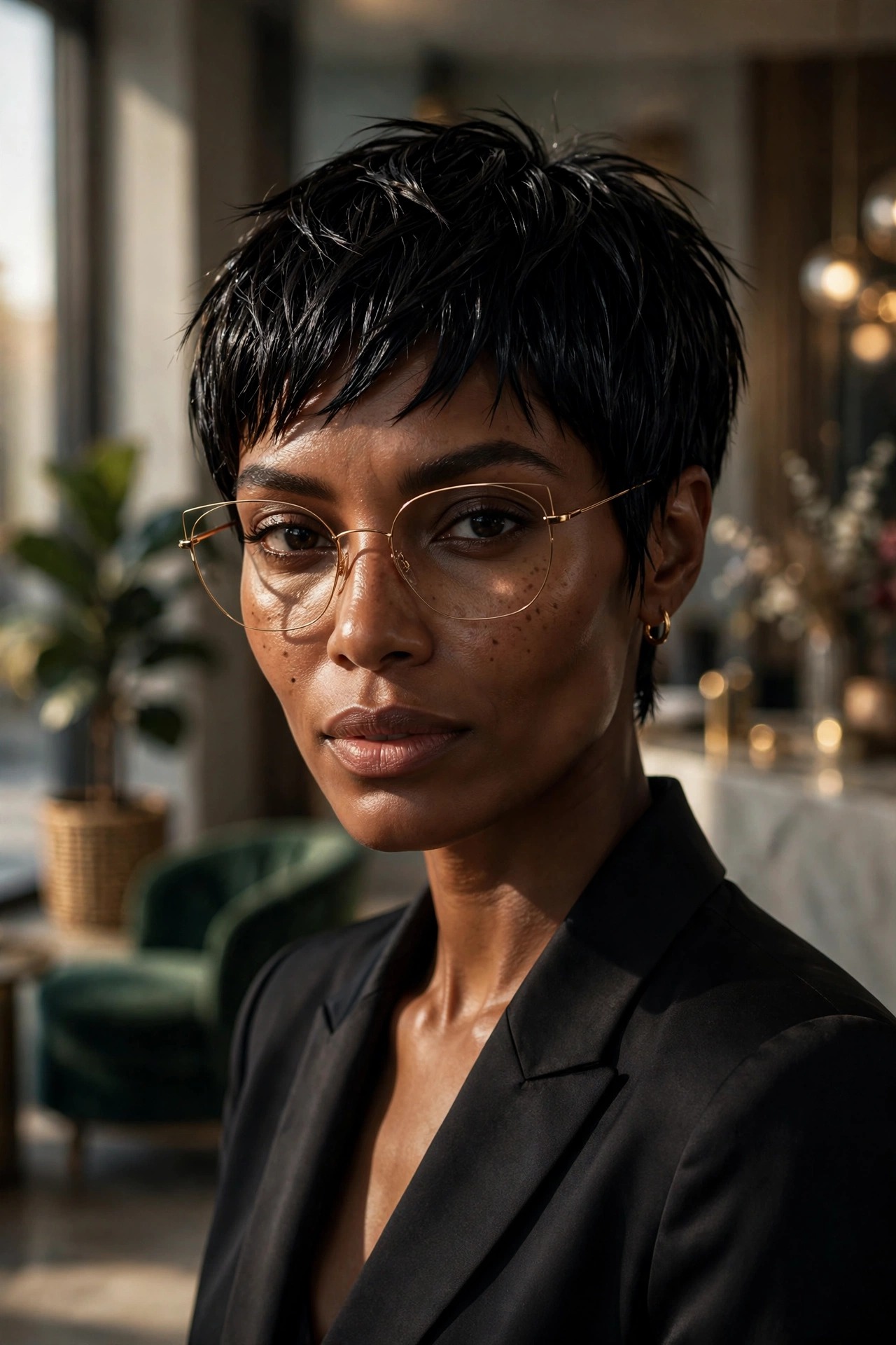 Sleek choppy black pixie with gold wireframe glasses — short pixie haircuts for women with glasses styling idea