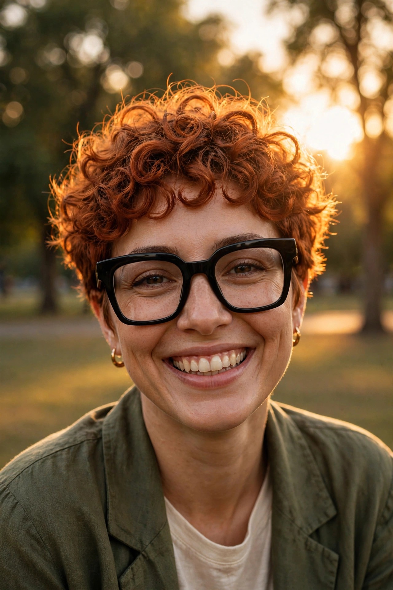Curly copper pixie crop with chunky black glasses — short pixie haircuts for women with glasses look
