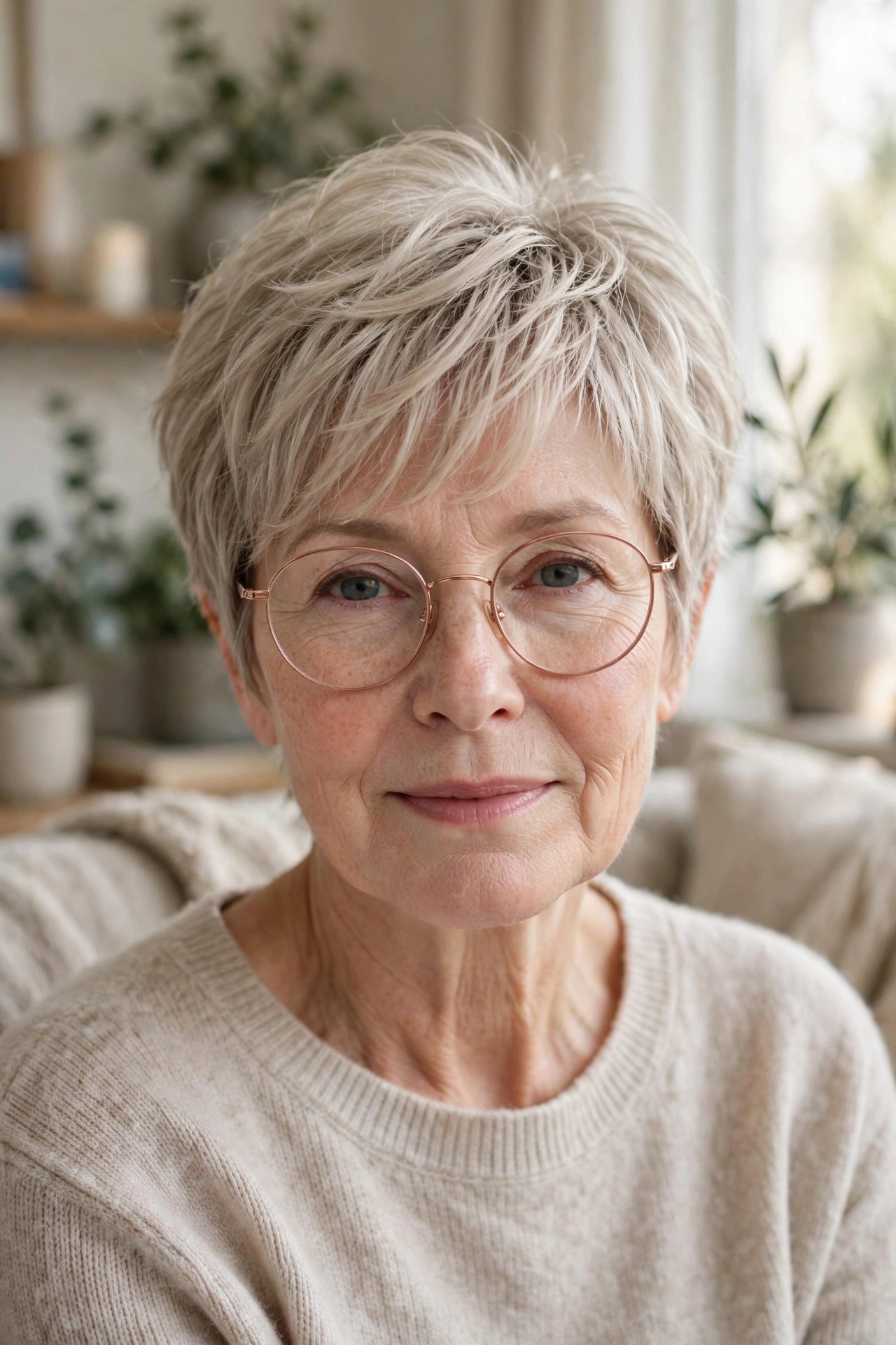 Soft ash blonde pixie with textured fringe and rose gold glasses — short pixie haircuts for women with glasses style