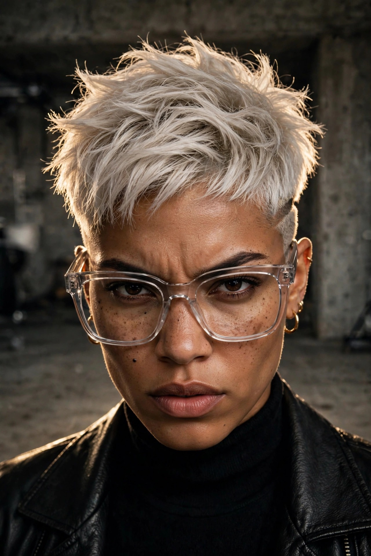Edgy platinum pixie with undercut and clear oversized glasses — short pixie haircuts for women with glasses inspo