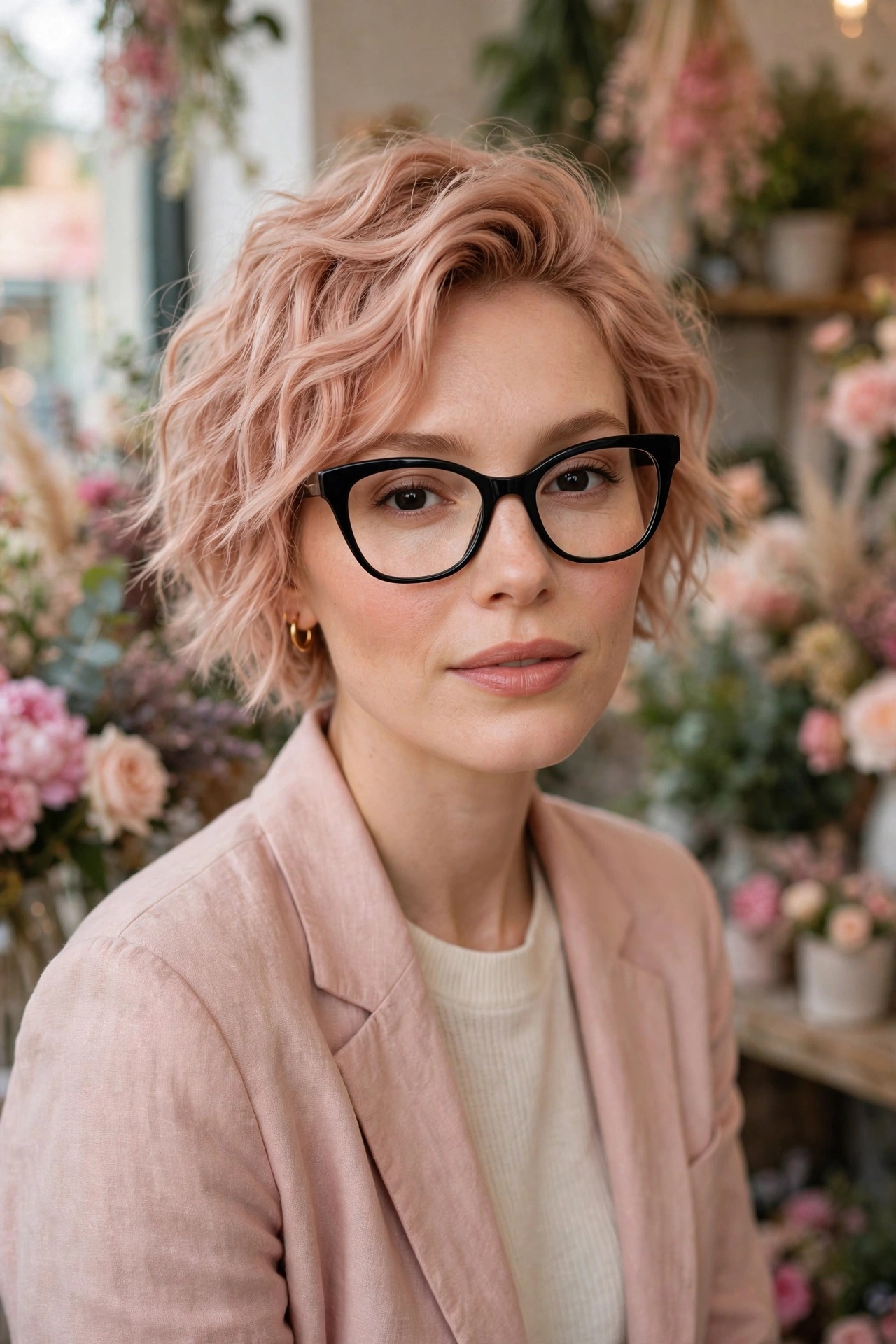 Wavy rose gold pixie with cat-eye black glasses — short pixie haircuts for women with glasses styling idea