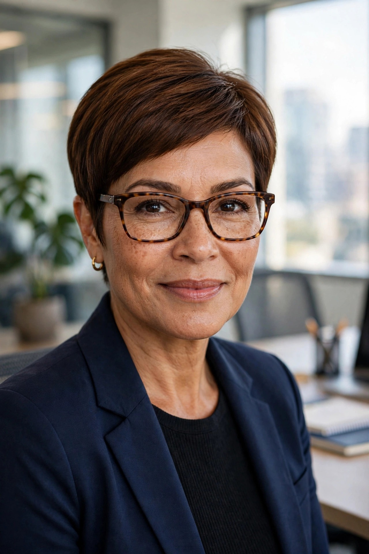 Classic tapered chestnut pixie with tortoiseshell glasses — short pixie haircuts for women with glasses inspiration