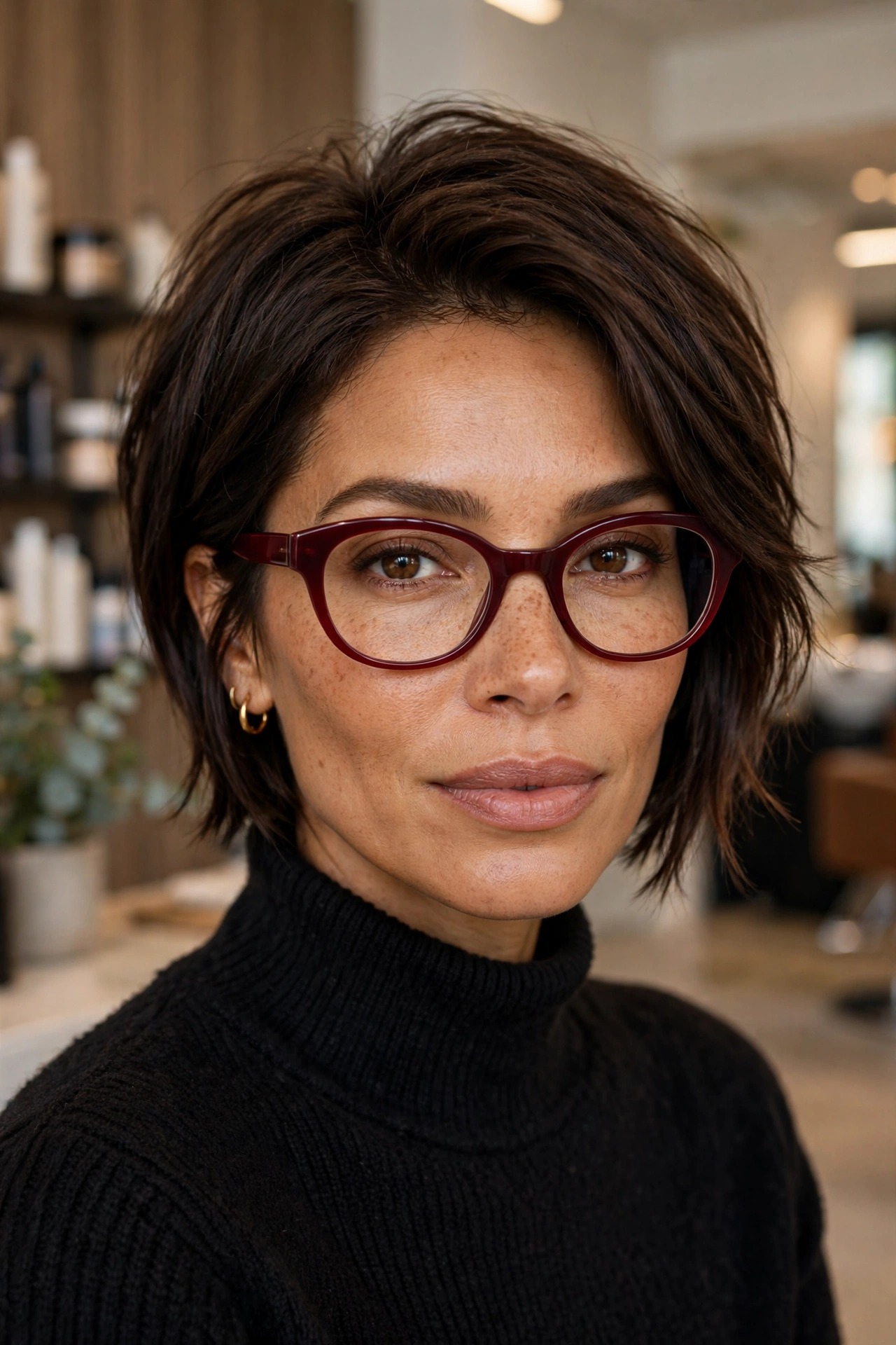 Pixie bob hybrid with burgundy oval glasses — short pixie haircuts for women with glasses styling idea