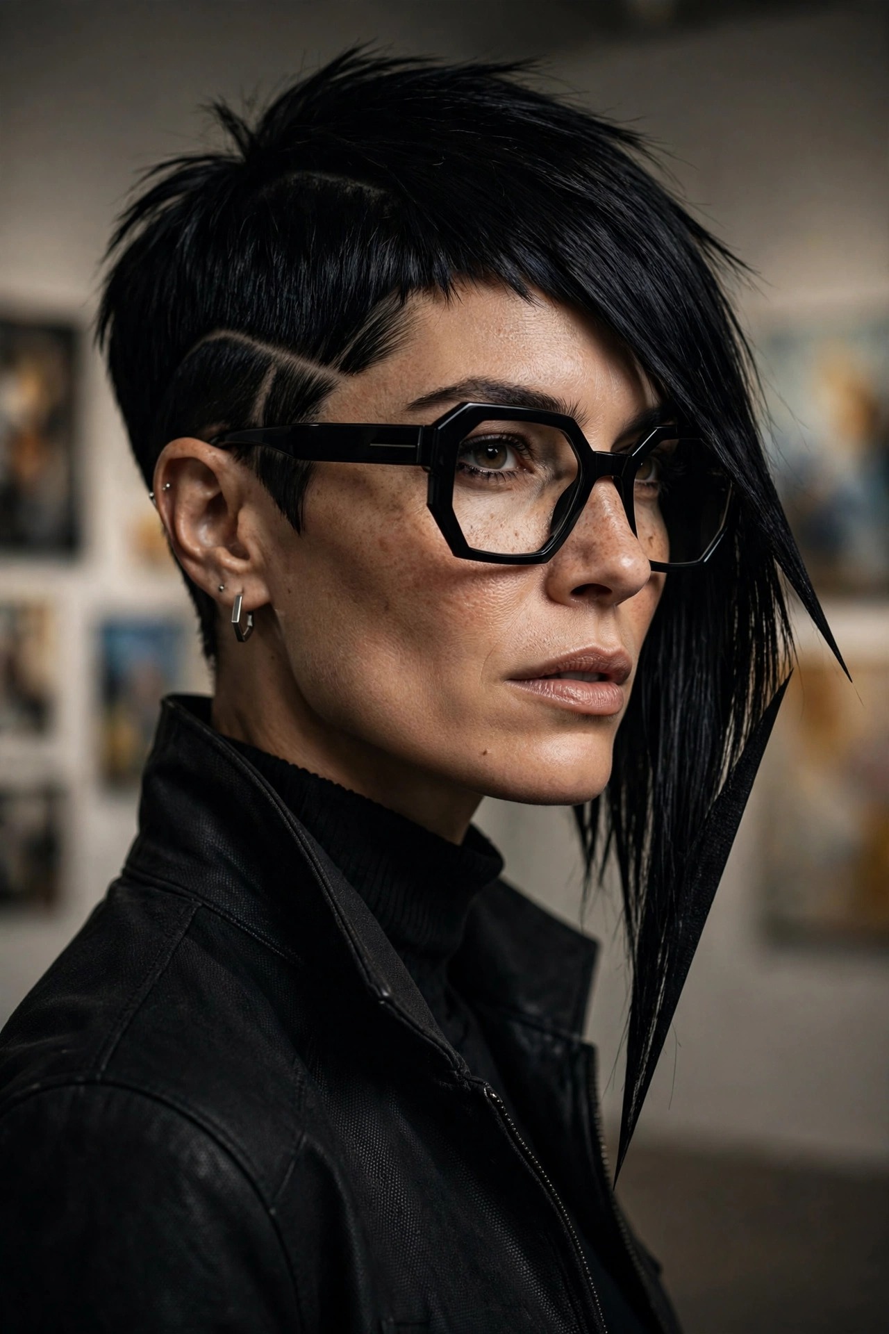 Bold asymmetrical jet black pixie with geometric glasses — short pixie haircuts for women with glasses look