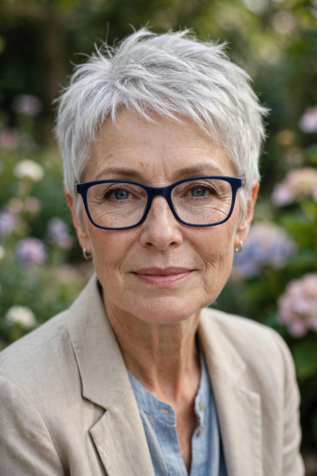 Wispy silver pixie crop with navy blue glasses on a graceful older woman