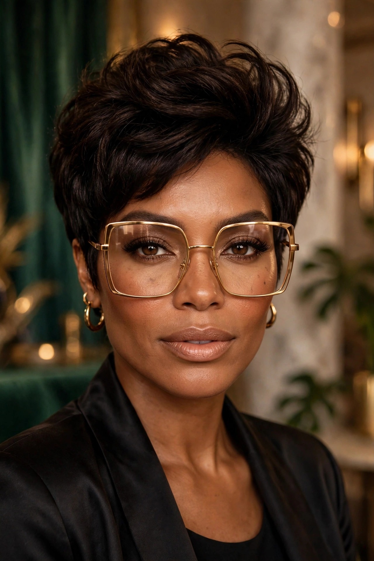 Dark voluminous pixie with lifted crown and gold oversized glasses