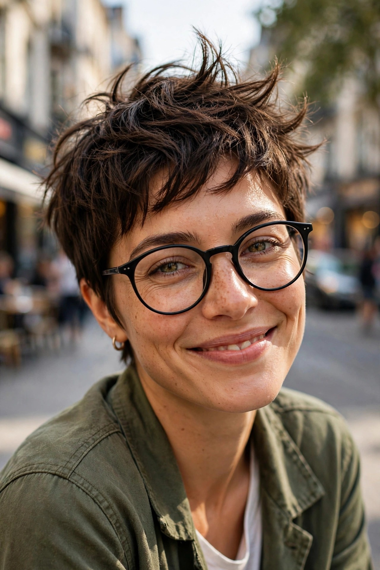 Messy brunette pixie with bedhead texture and round black glasses