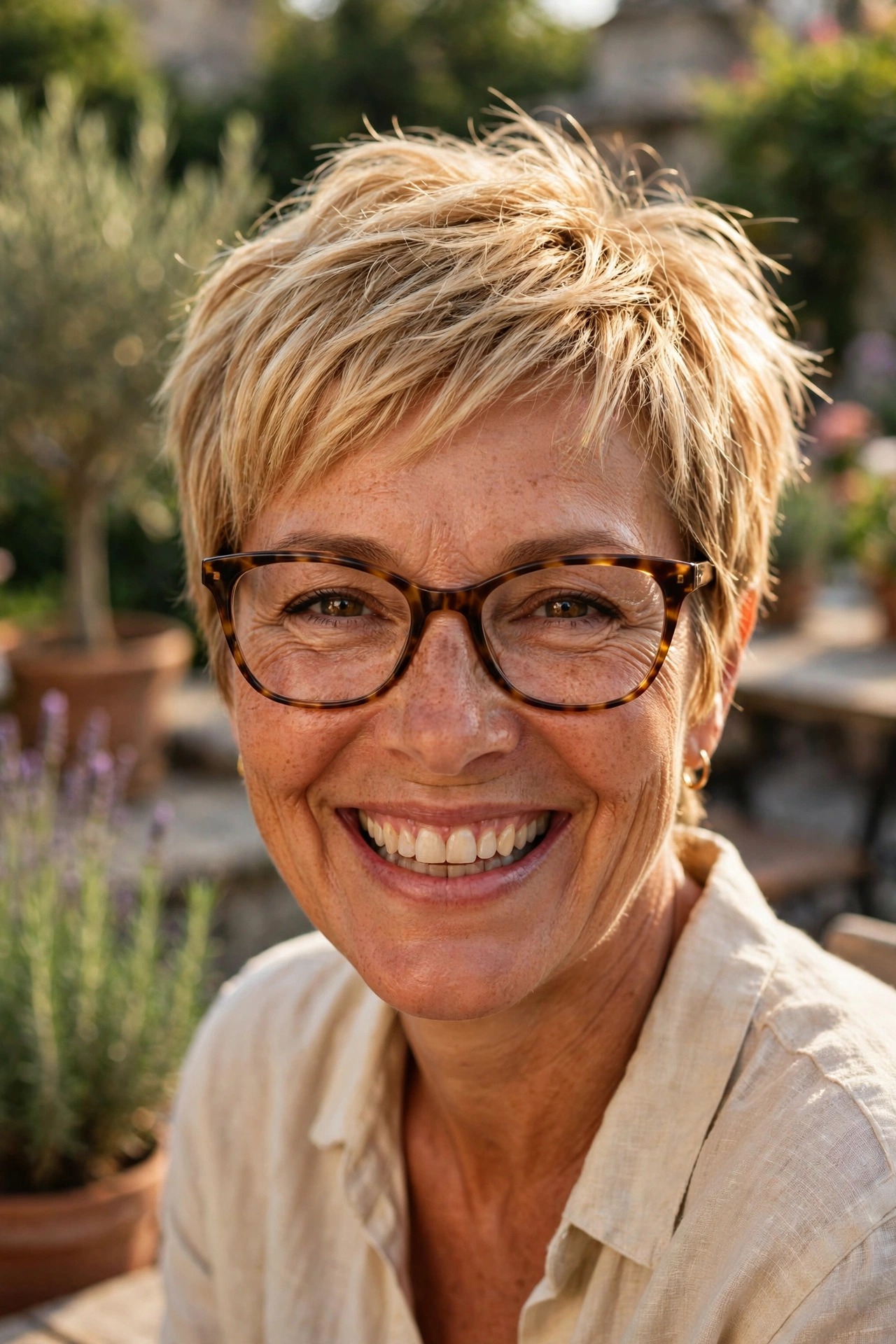 Piecey honey blonde pixie with defined strands and tortoiseshell cat-eye glasses