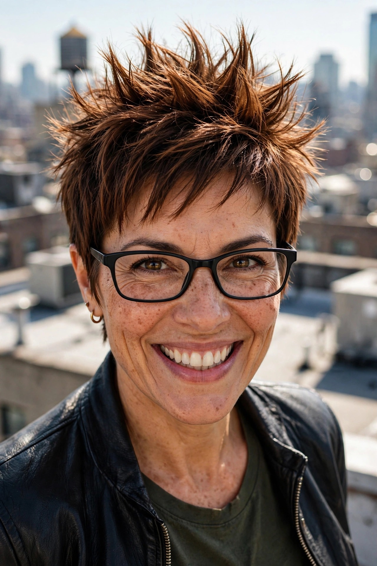 Short spiky chestnut pixie crop with textured spikes and slim black glasses