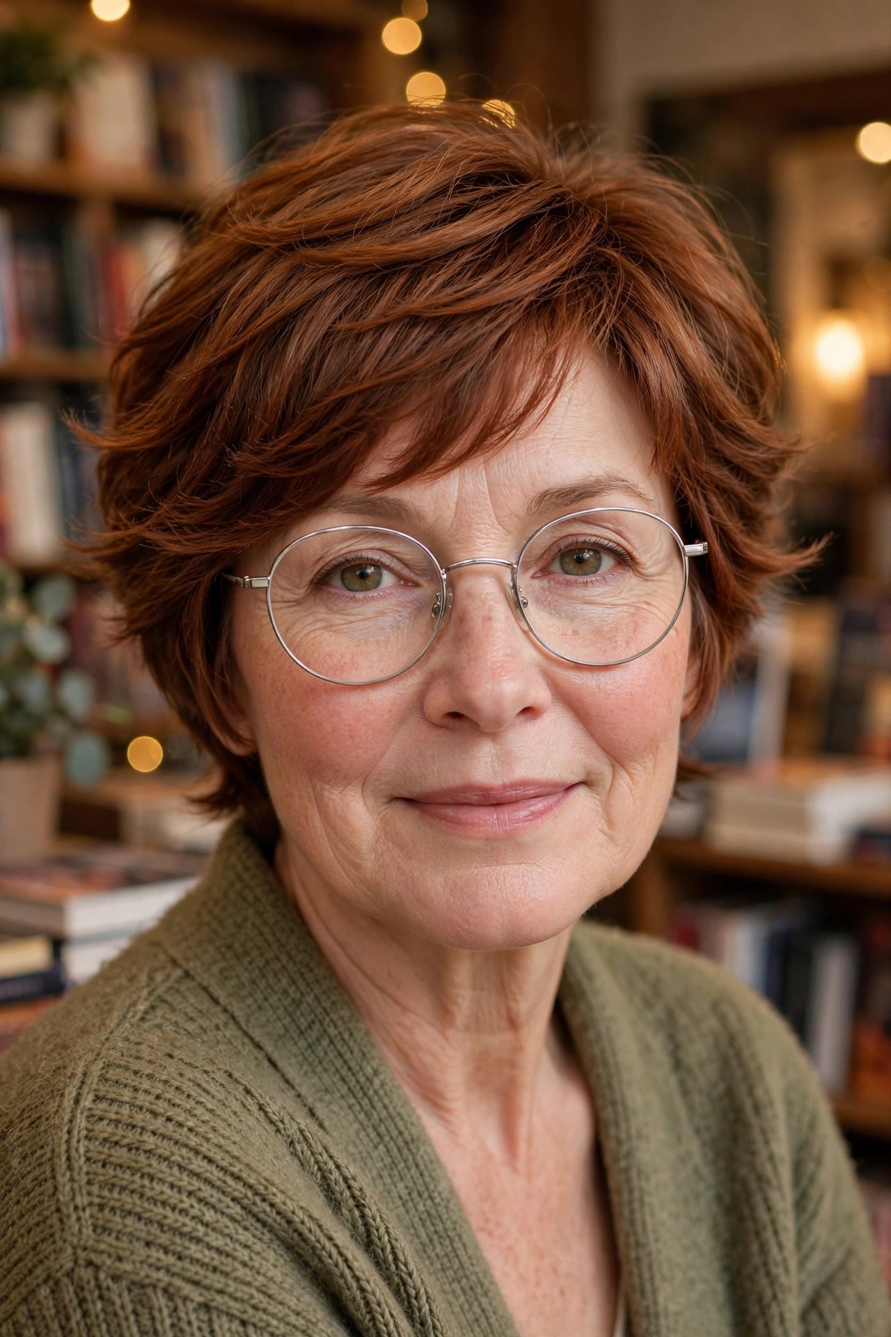 Soft layered auburn pixie with feathered layers and delicate silver round glasses