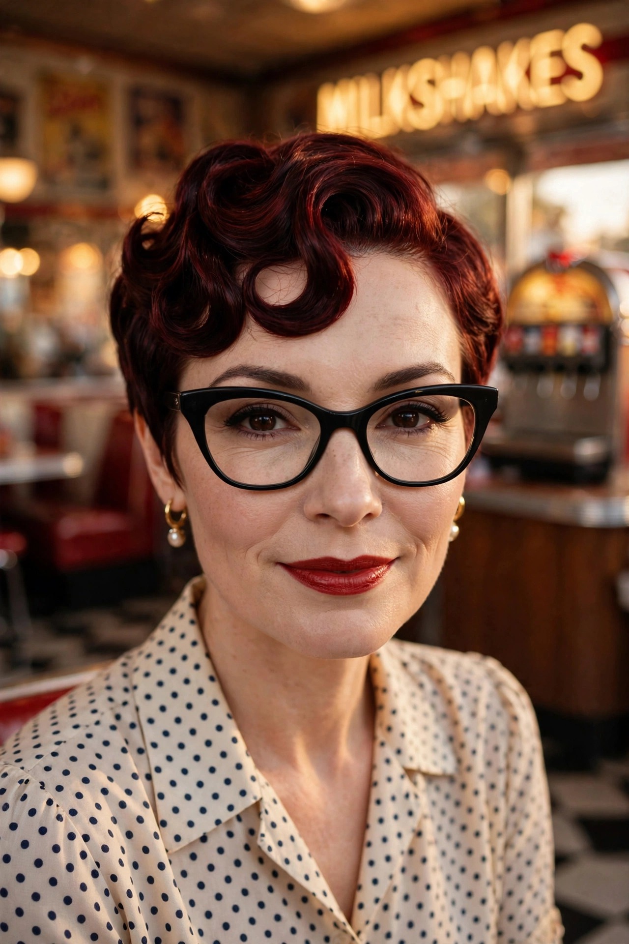 Retro pin-curl inspired dark red pixie with sculpted waves and black cat-eye glasses