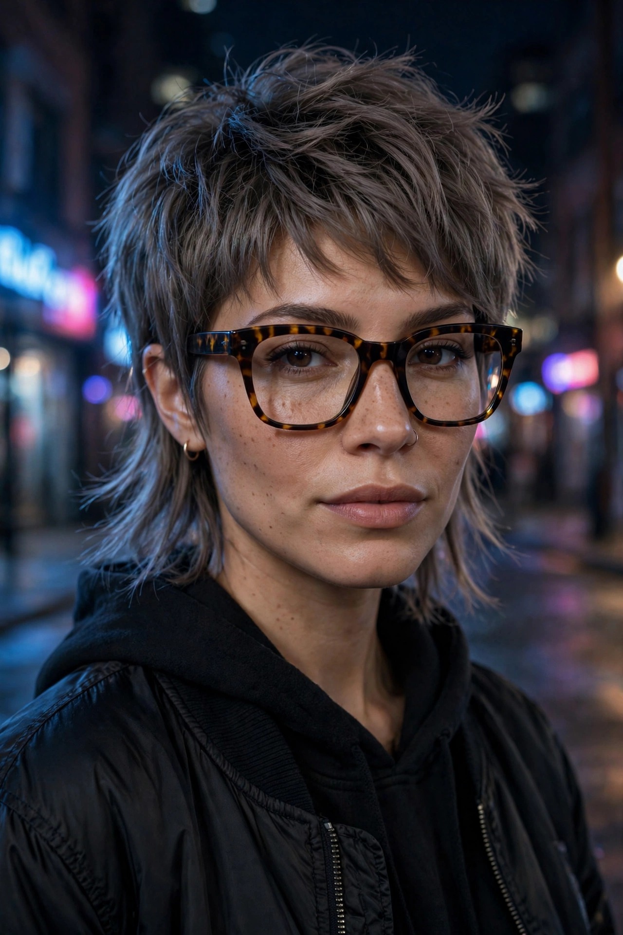 Modern mullet pixie with short crown and wispy nape, chunky tortoiseshell glasses