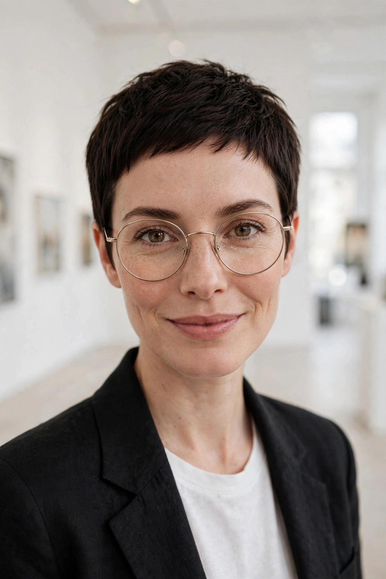 Gamine boyish pixie crop with neat texture and thin round gold glasses