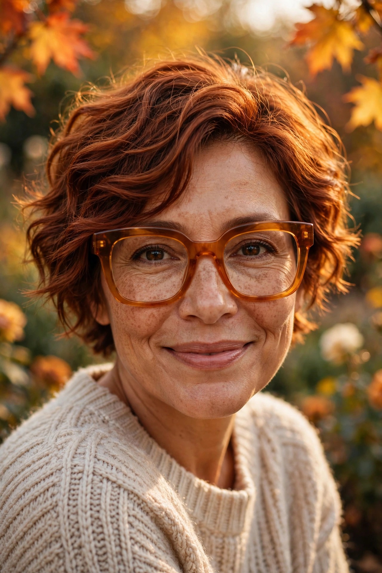 Auburn wavy pixie with soft romantic waves and oversized amber glasses