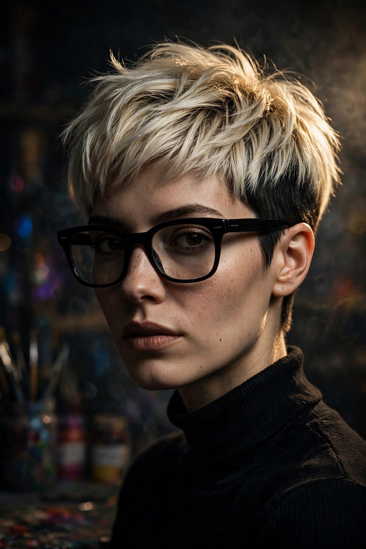 Two-tone pixie with platinum top and dark sides, black thick-rimmed glasses