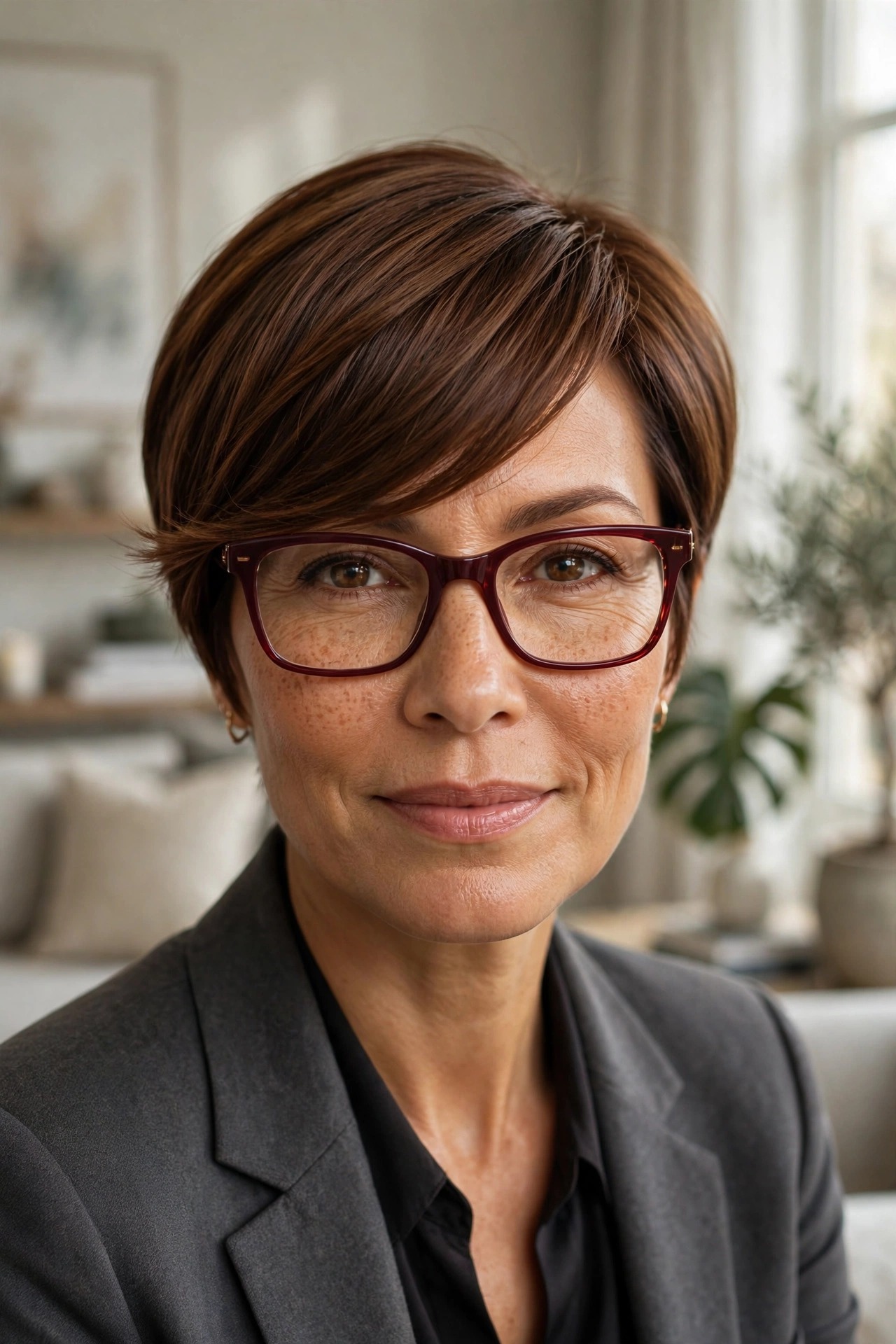 Pixie with long sweeping fringe and burgundy rectangular glasses, sleek chestnut hair