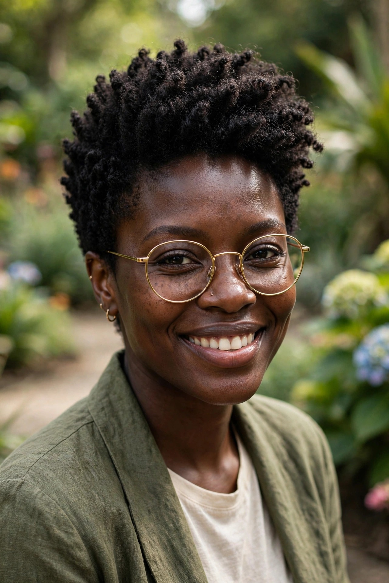 Coily tapered pixie with defined tight coils and gold round glasses