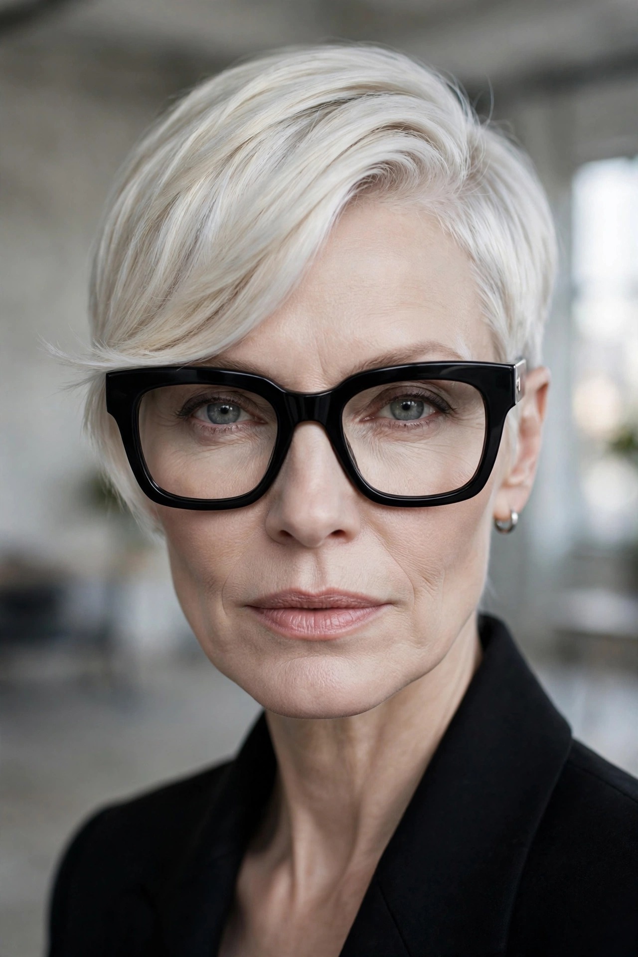 Platinum blonde pixie with dramatic side sweep and black oversized glasses