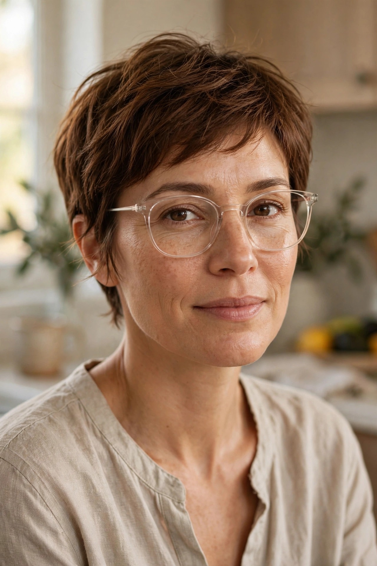 Effortless chestnut brown pixie crop with natural texture and clear thin glasses