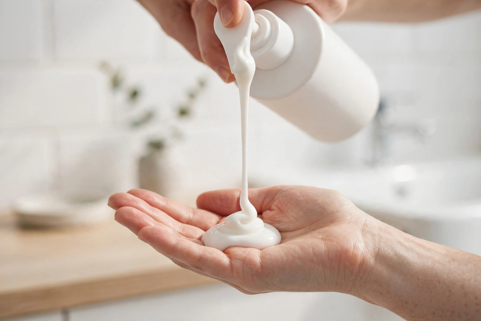 pouring sulfate free shampoo from pump bottle into palm